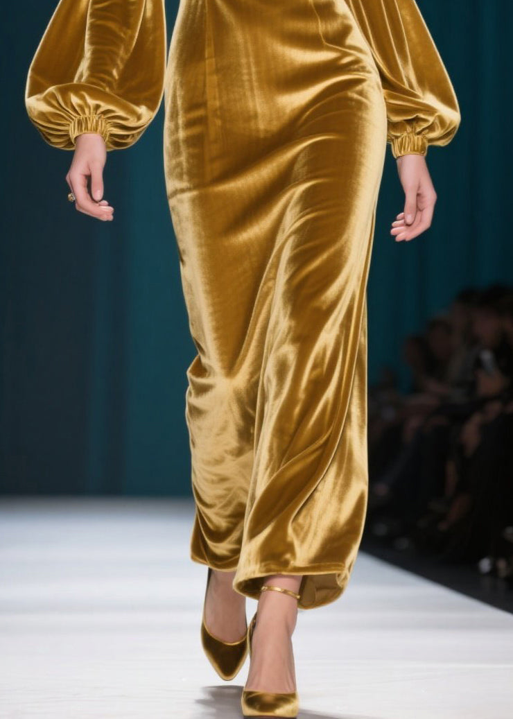 French Golden Backless Silk Velvet Dinner Dresses Lantern Sleeve - View 4