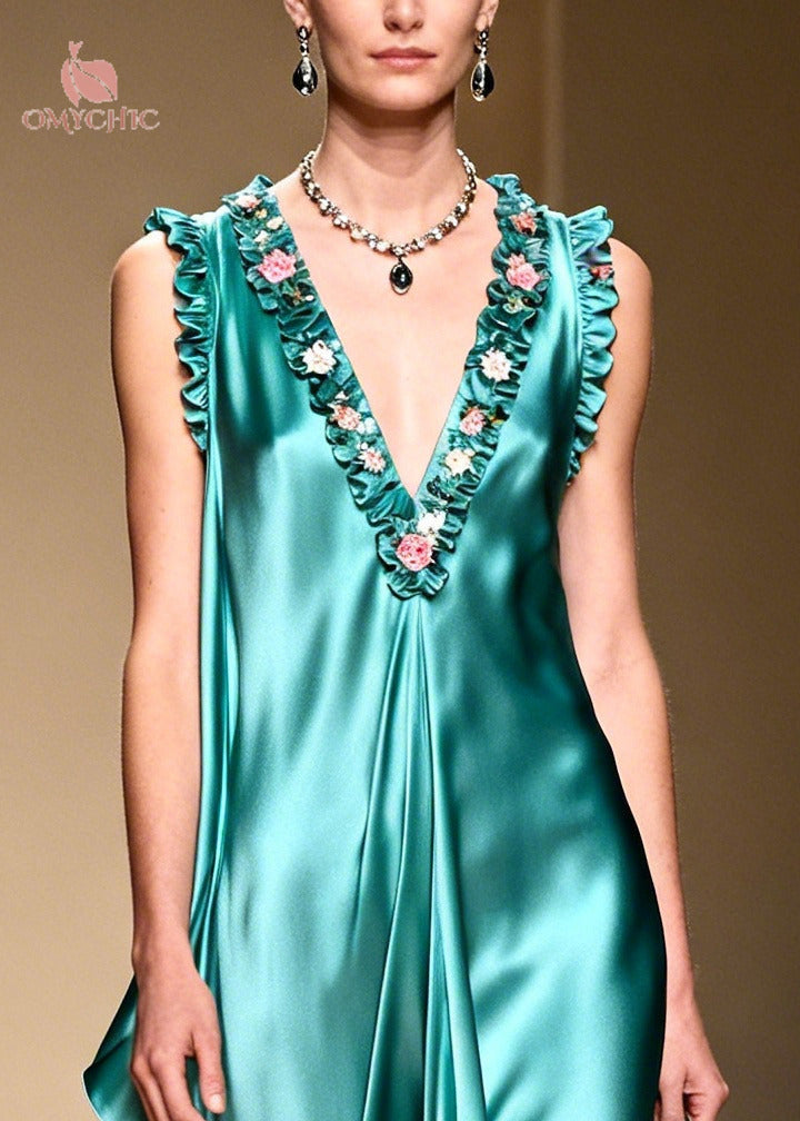 Deep V-Neck Sleeveless Ruffle Trim Satin High Low Maxi Dress - View 2