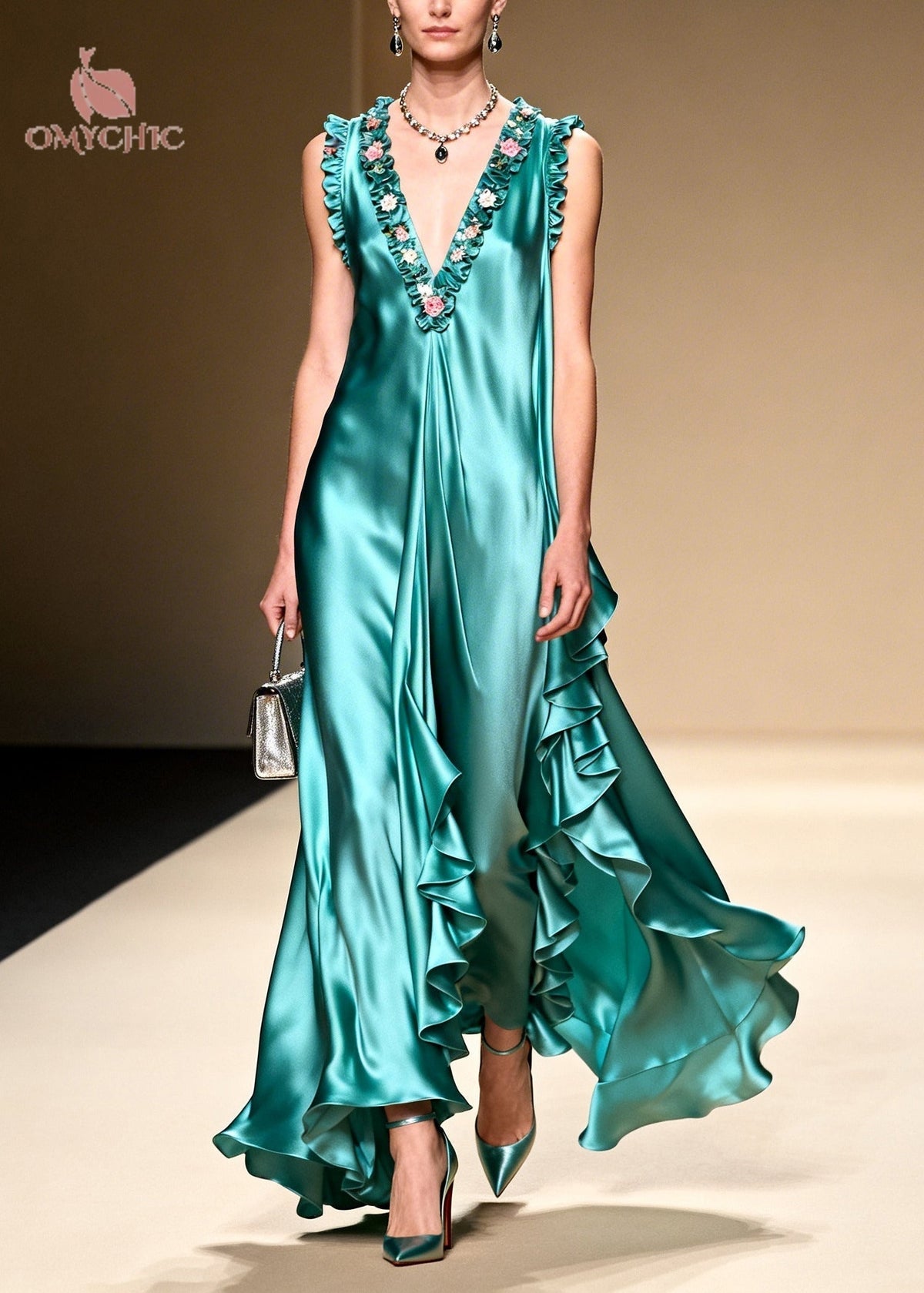 Deep V-Neck Sleeveless Ruffle Trim Satin High Low Maxi Dress - View 3