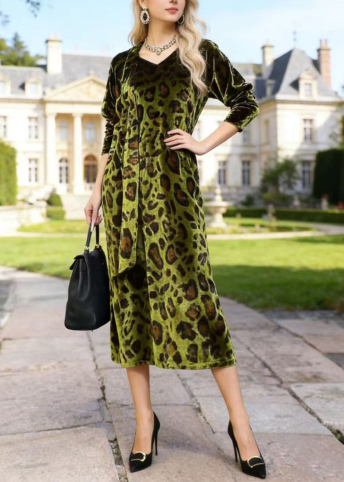 Leopard Print Velvet V-Neck Long Sleeve Tie Waist Side Midi Dress - View 5