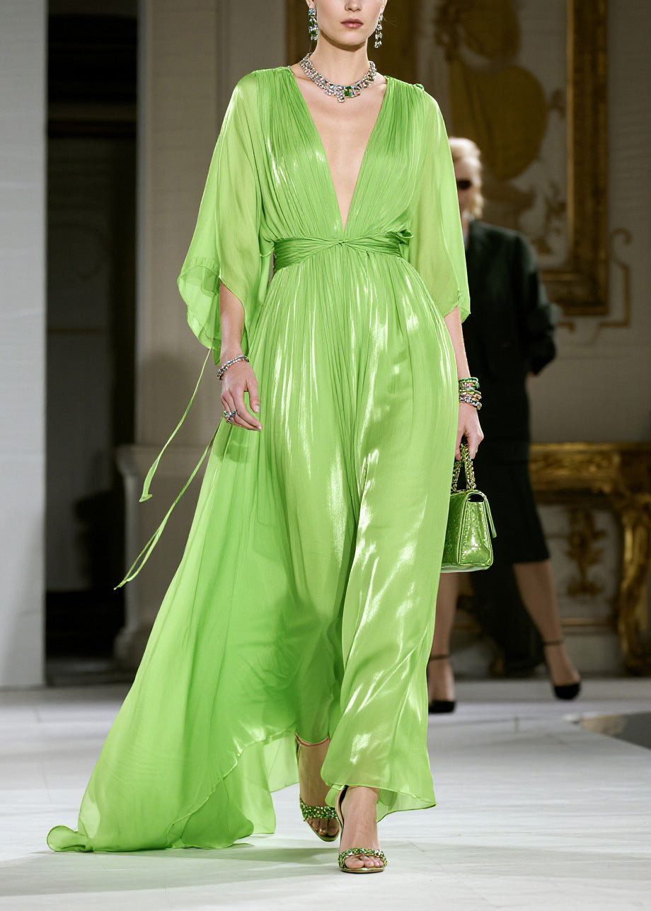 Metallic Pleated Deep V-Neck Butterfly Sleeve Tie Waist Maxi Gown - View 3