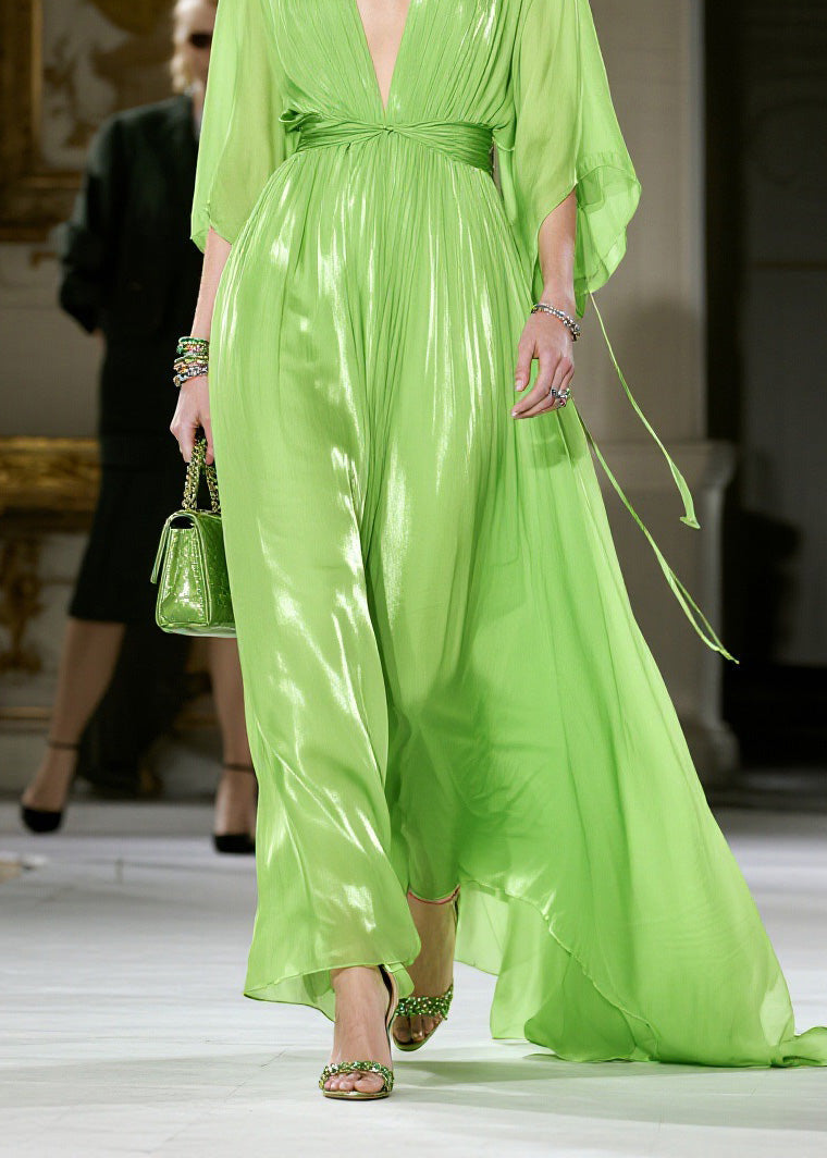Metallic Pleated Deep V-Neck Butterfly Sleeve Tie Waist Maxi Gown - View 4