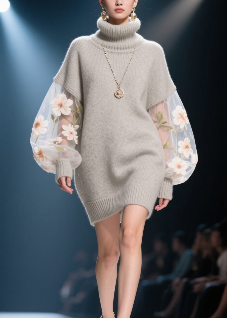 Knit Turtleneck Sheer Embroidered Floral Mini Sweater Dress - View 5