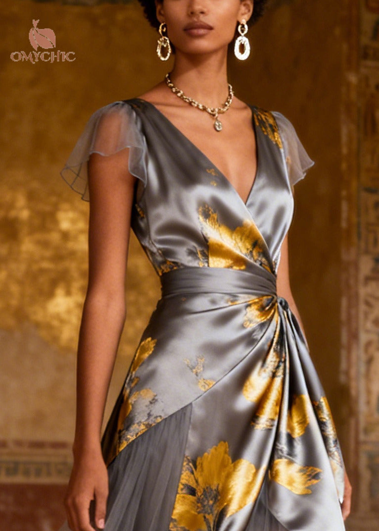 Satin Floral Print Deep V-Neck Flutter Sleeve Wrap Maxi Gown - View 2