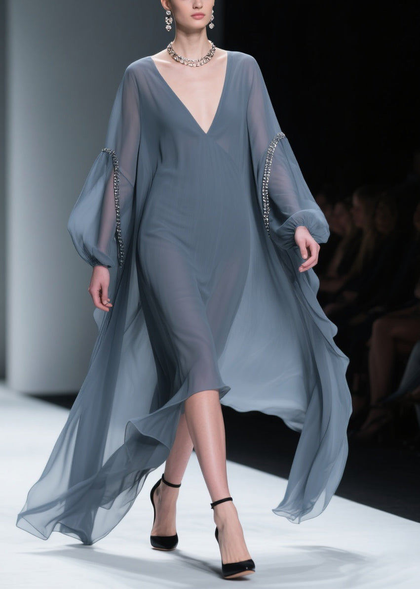 Chiffon Deep V-Neck Rhinestone Bishop Sleeve High Low Maxi Gown