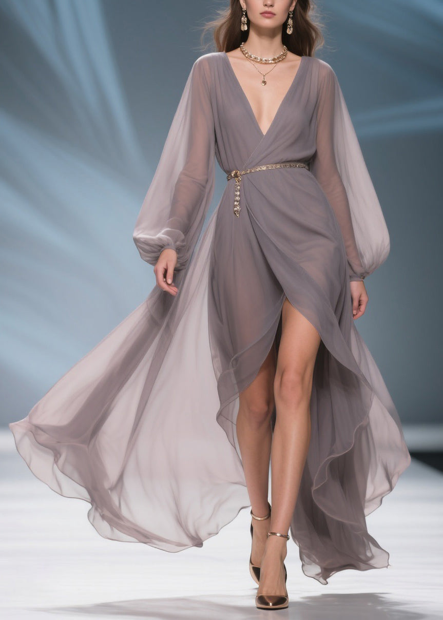 Chiffon Wrap Deep V-Neck Bishop Sleeve Chain Pendant Maxi Gown - View 3