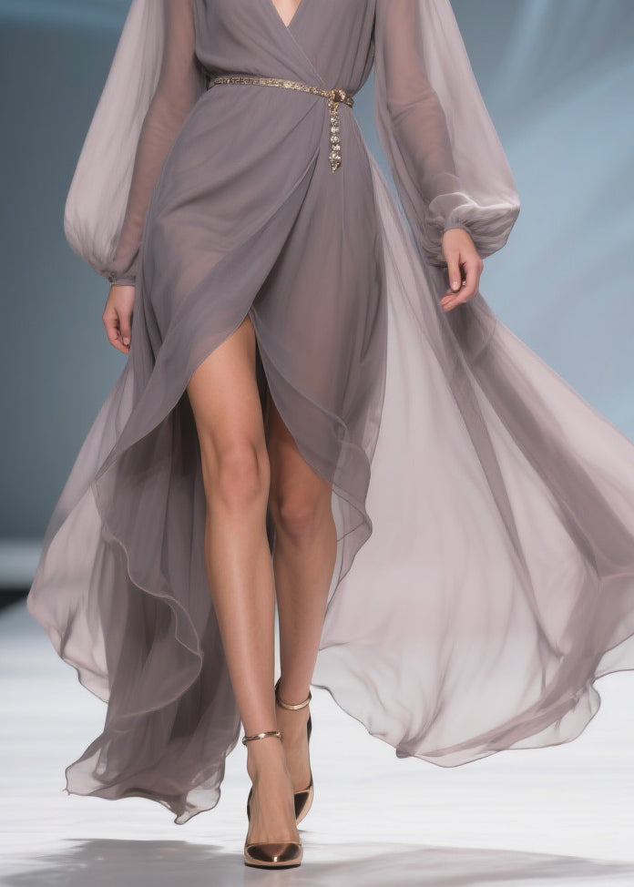 Chiffon Wrap Deep V-Neck Bishop Sleeve Chain Pendant Maxi Gown - View 4