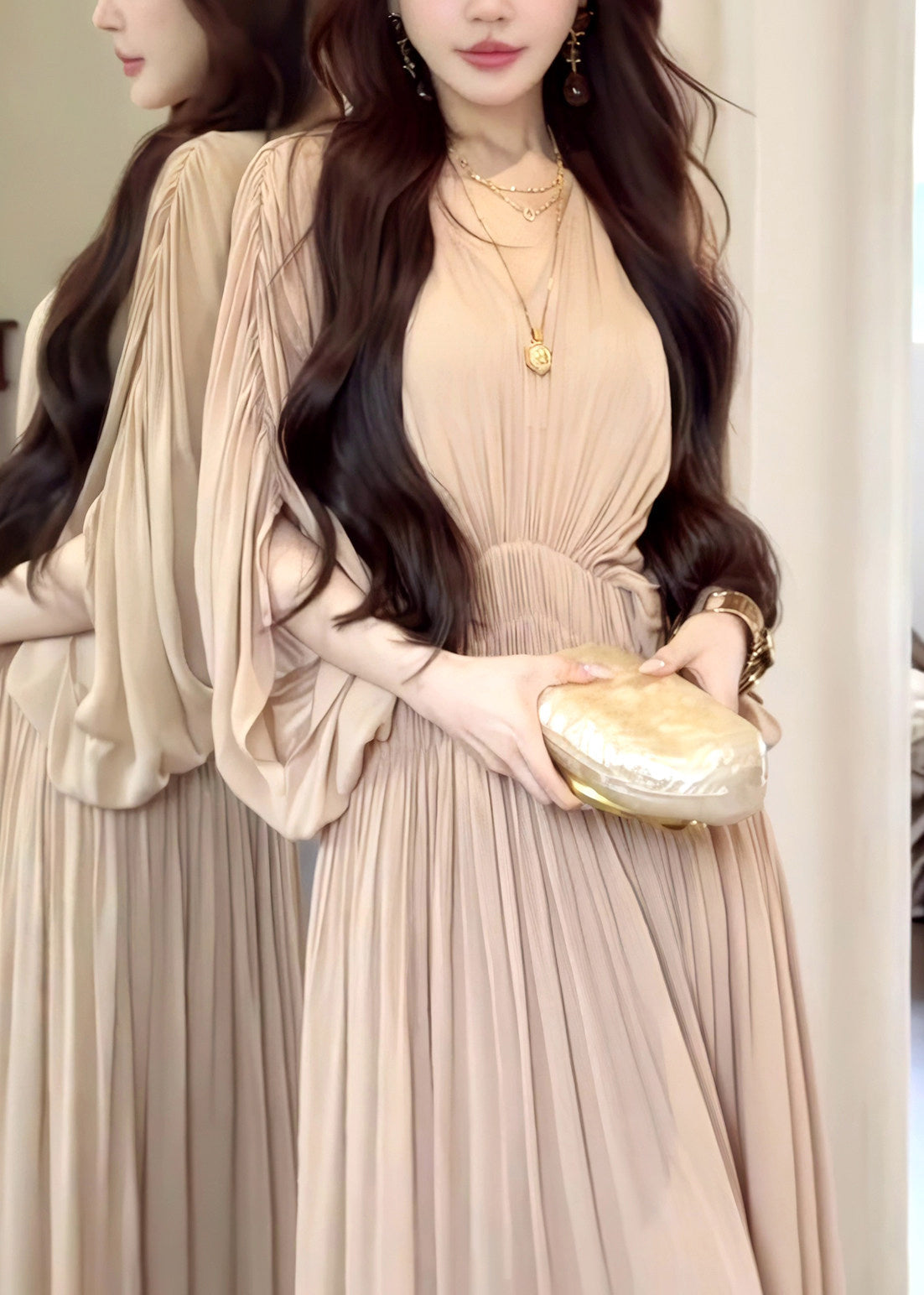 Chiffon Pleated Deep V-Neck Batwing Sleeve Smocked Waist Maxi Dress - View 2