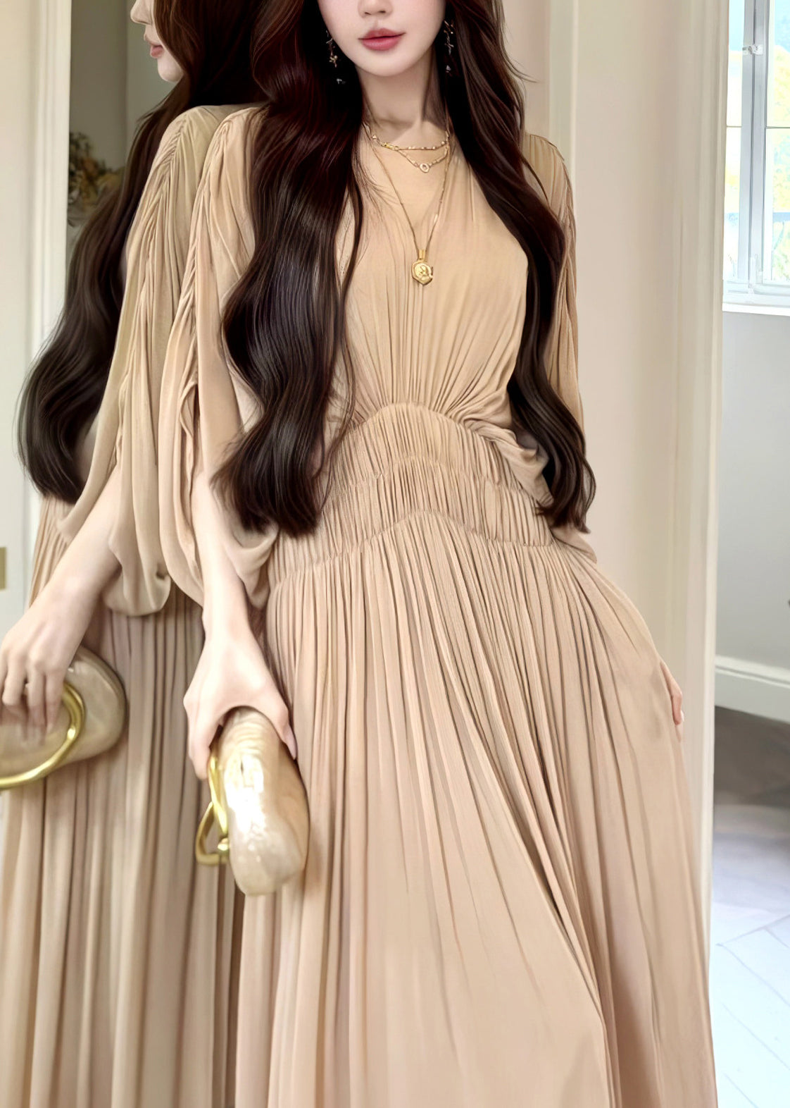 Chiffon Pleated Deep V-Neck Batwing Sleeve Smocked Waist Maxi Dress - View 3