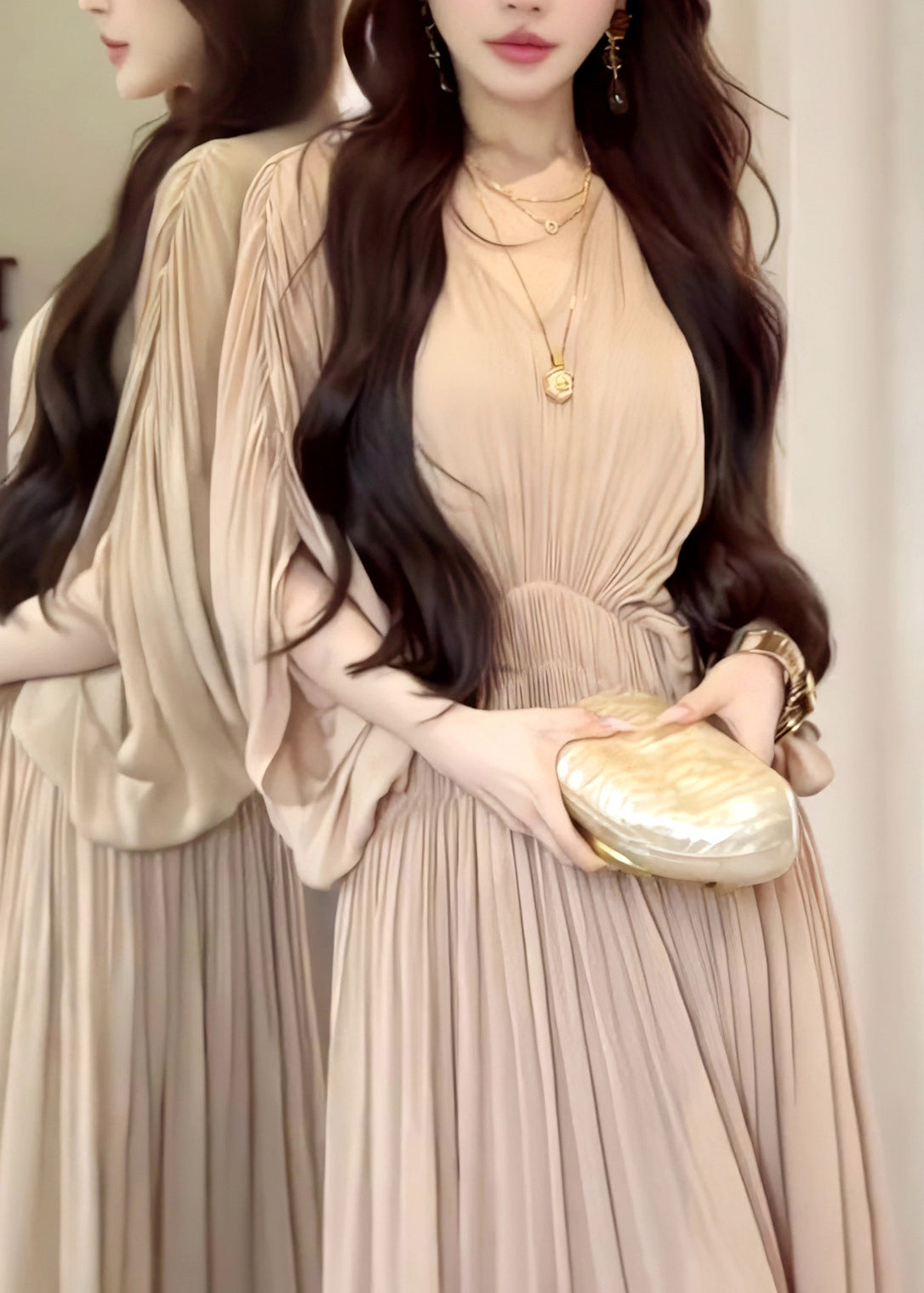 Chiffon Pleated Deep V-Neck Batwing Sleeve Smocked Waist Maxi Dress - View 4