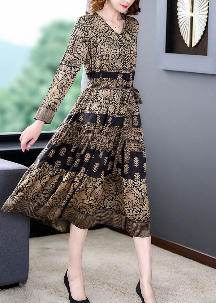 Mandala Print V-Neck Long Sleeve Belted A-Line Midi Dress - View 4