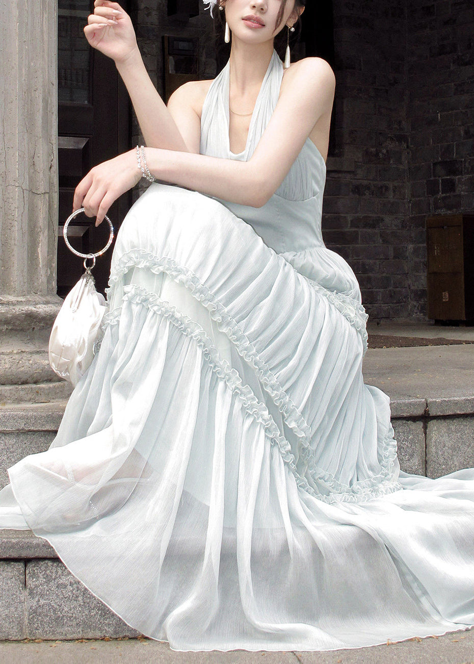 French Light Green Halter Ruffled Wrinkled Tulle Long Dresses Sleeveless - View 2