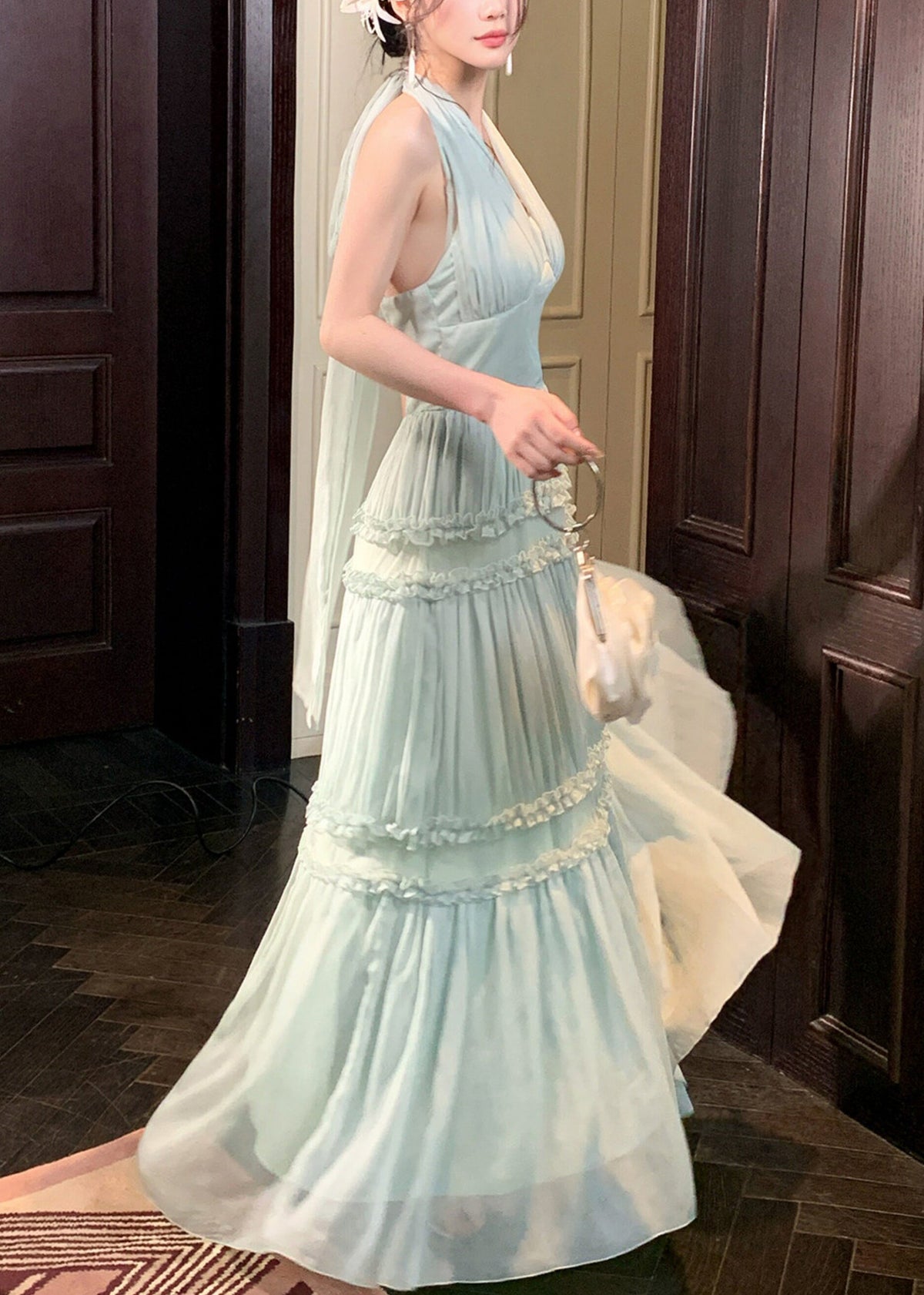 French Light Green Halter Ruffled Wrinkled Tulle Long Dresses Sleeveless - View 4