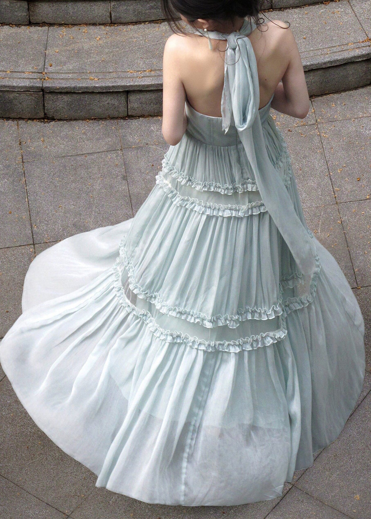 French Light Green Halter Ruffled Wrinkled Tulle Long Dresses Sleeveless - View 5