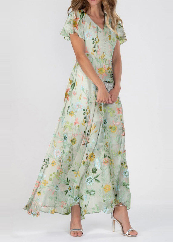 Chiffon Floral Embroidered V-Neck Button Front A-Line Maxi Dress