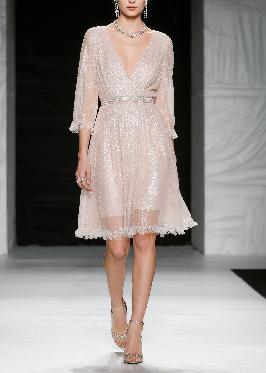 Sequin Deep V-Neck Wrap Tassel Hem Fit and Flare Mini Party Dress - View 5