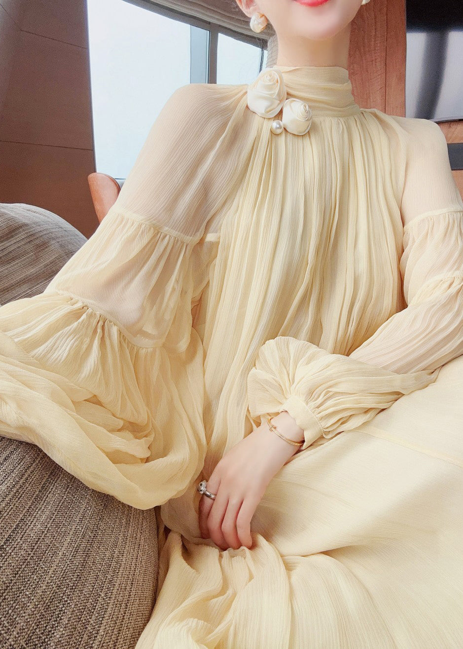 Organza Plissé Mock Neck Fabric Rosette Lantern Sleeve Flowy Maxi Gown - View 2