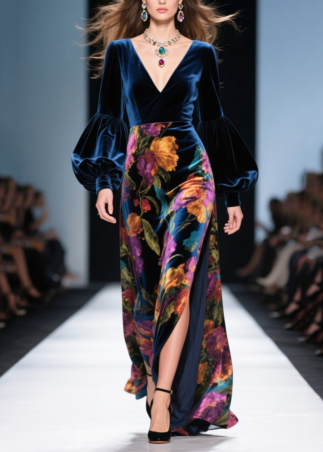 Velvet Floral Print Deep V-Neck Puff Sleeve High Split Maxi Gown - View 5