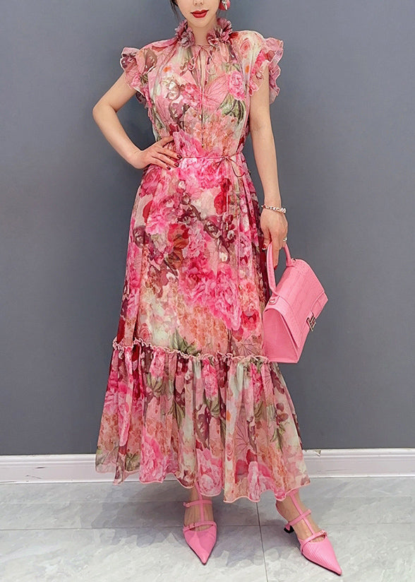 French Pink Ruffled Print Chiffon Dress Two Pieces Set Summer - View 2