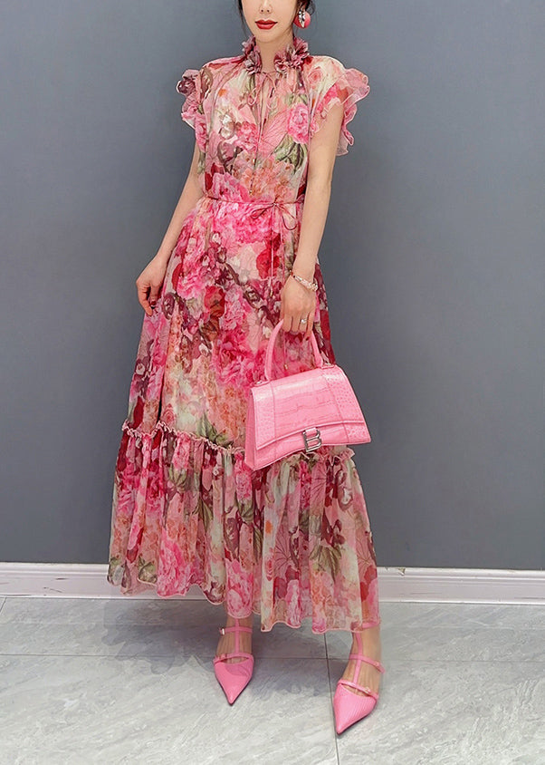 French Pink Ruffled Print Chiffon Dress Two Pieces Set Summer - View 4