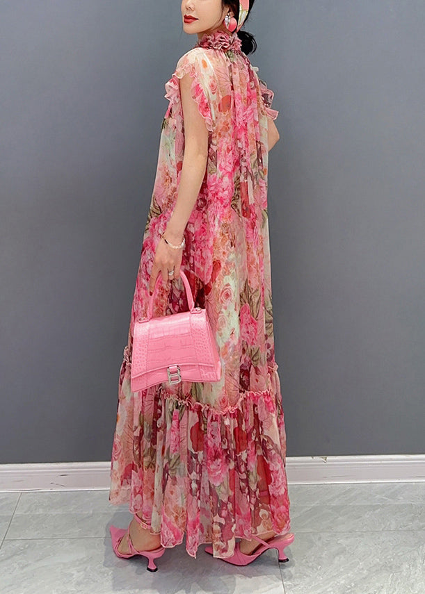 French Pink Ruffled Print Chiffon Dress Two Pieces Set Summer - View 5