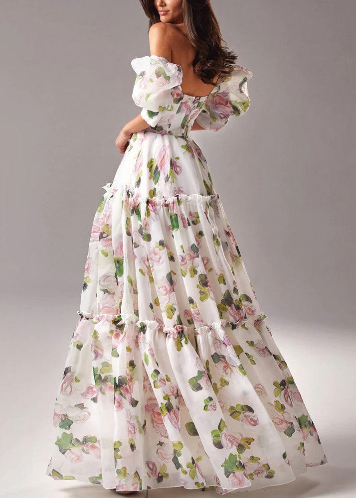 French Pink Ruffled Print Chiffon Long Dresses Summer - View 3
