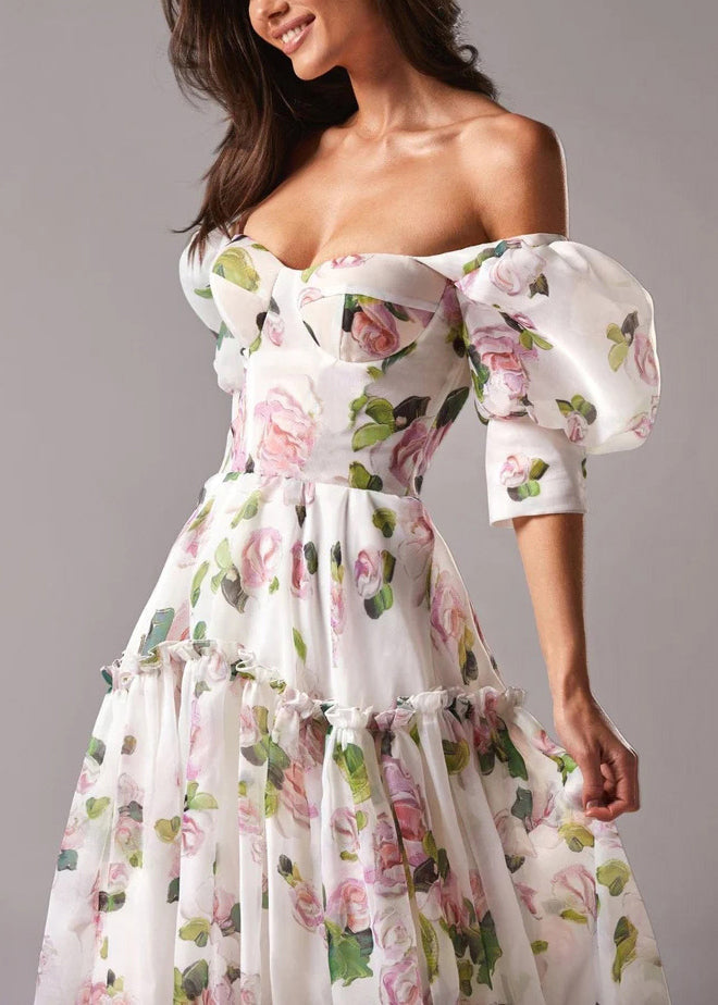French Pink Ruffled Print Chiffon Long Dresses Summer - View 5