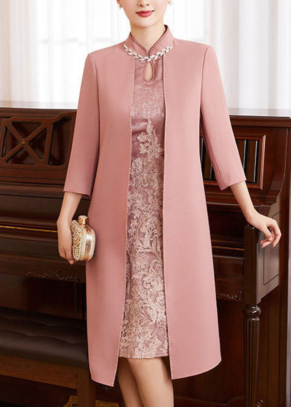Floral Lace Mandarin Collar Keyhole Beaded Trim Open Front Set