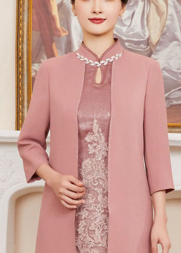 Floral Lace Mandarin Collar Keyhole Beaded Trim Open Front Set - View 3