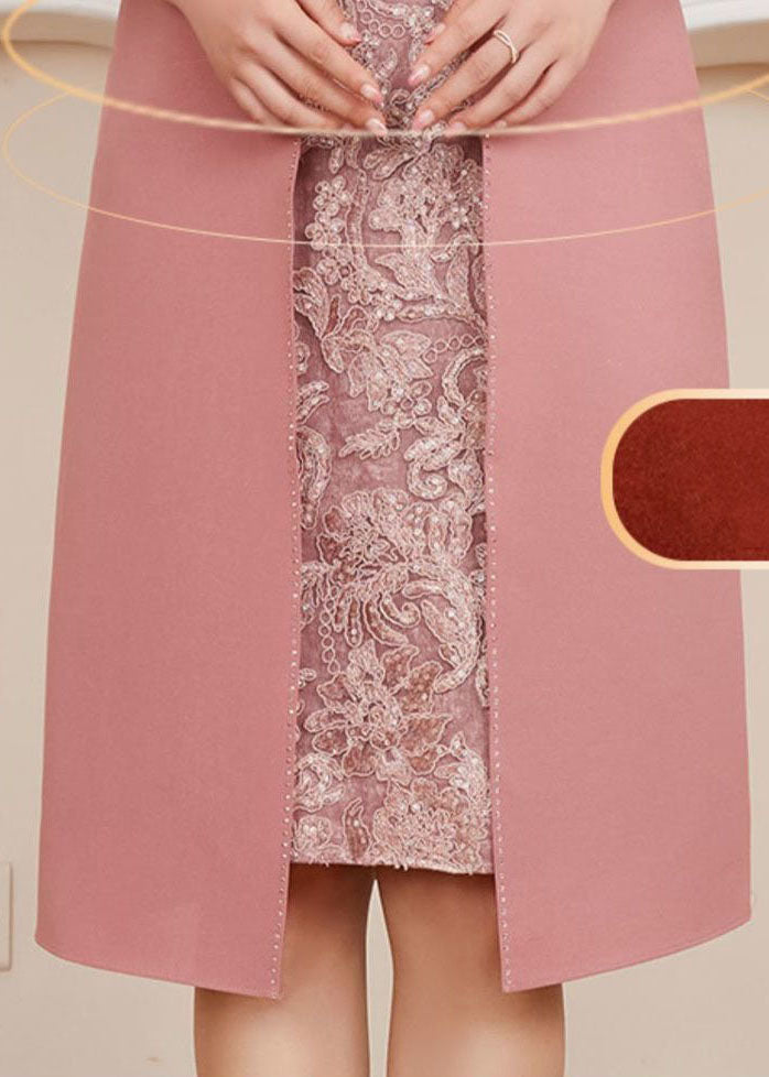 Floral Lace Mandarin Collar Keyhole Beaded Trim Open Front Set - View 4
