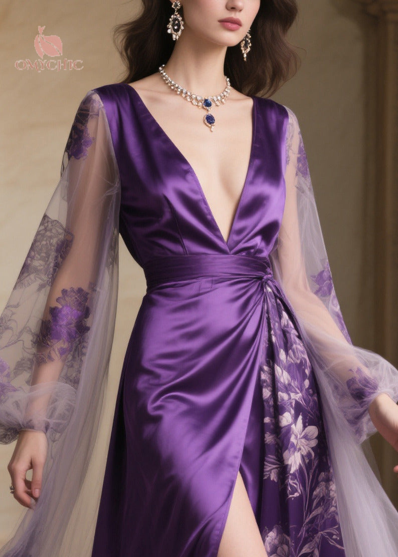 Floral Sheer Cape Sleeve Deep V-Neck Wrap Belt Maxi Gown - View 3