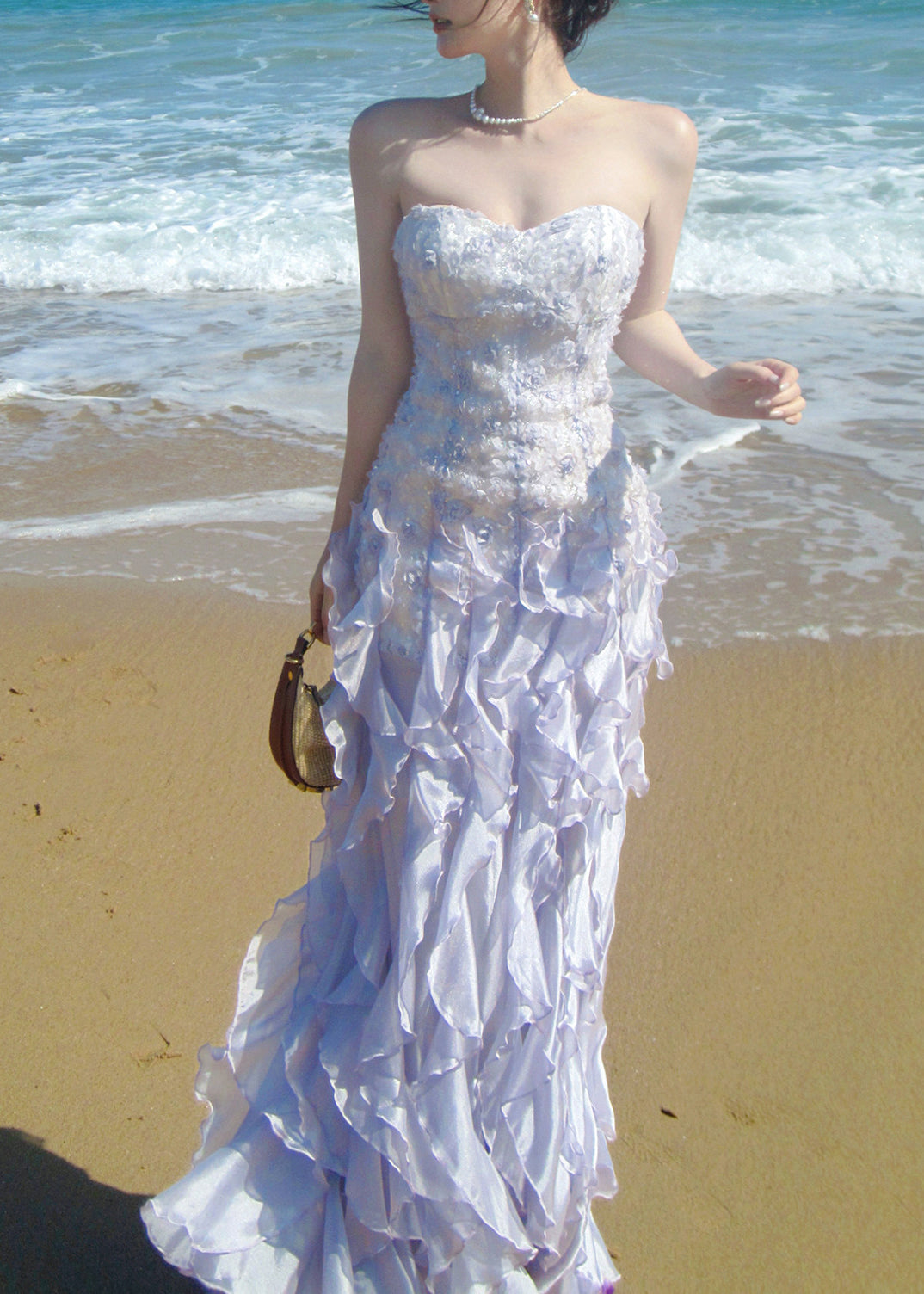 French Purple Ruffled Chiffon Strapless Dress Summer - View 2