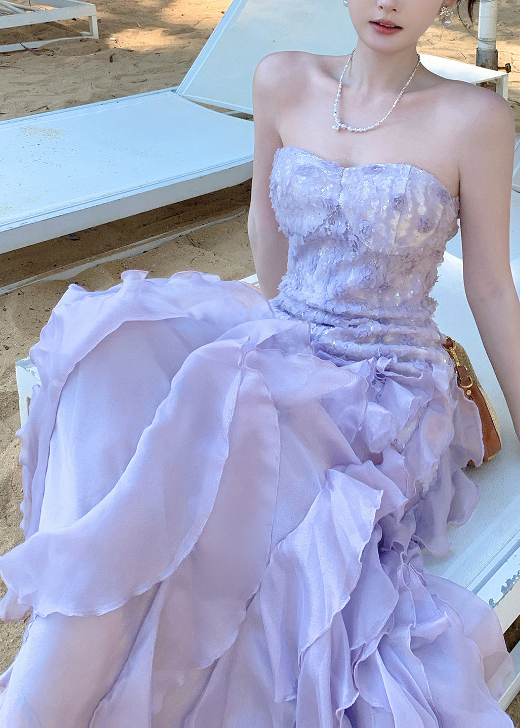 French Purple Ruffled Chiffon Strapless Dress Summer - View 3