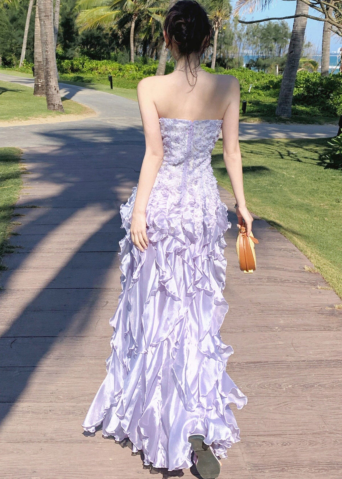 French Purple Ruffled Chiffon Strapless Dress Summer - View 4