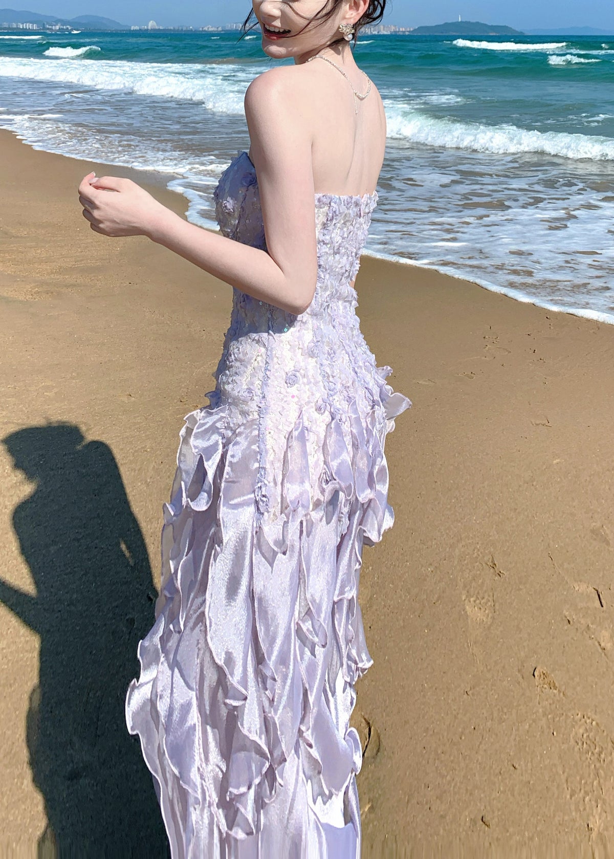 French Purple Ruffled Chiffon Strapless Dress Summer - View 5