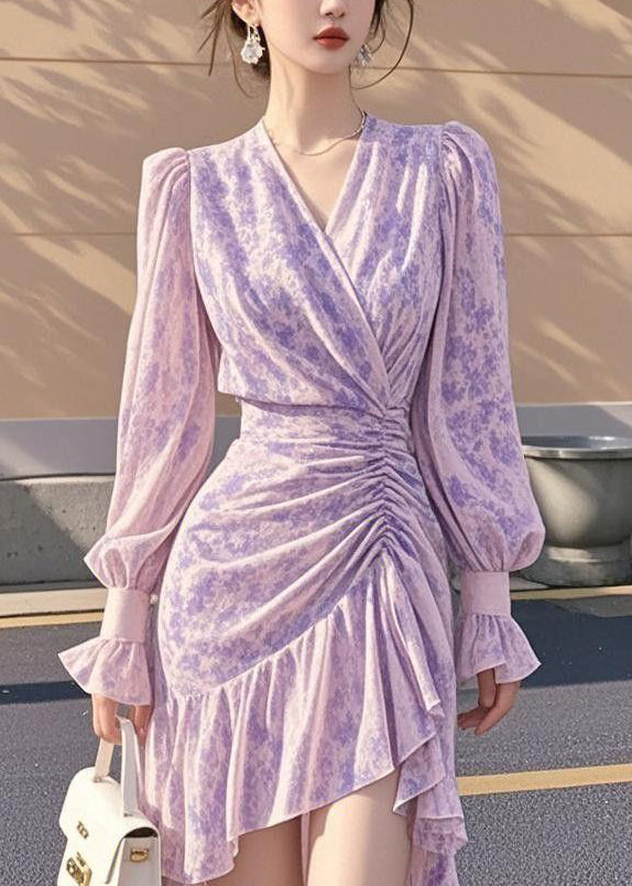 French Purple Ruffled Cinched Asymmetrical Chiffon Dress Fall - View 5