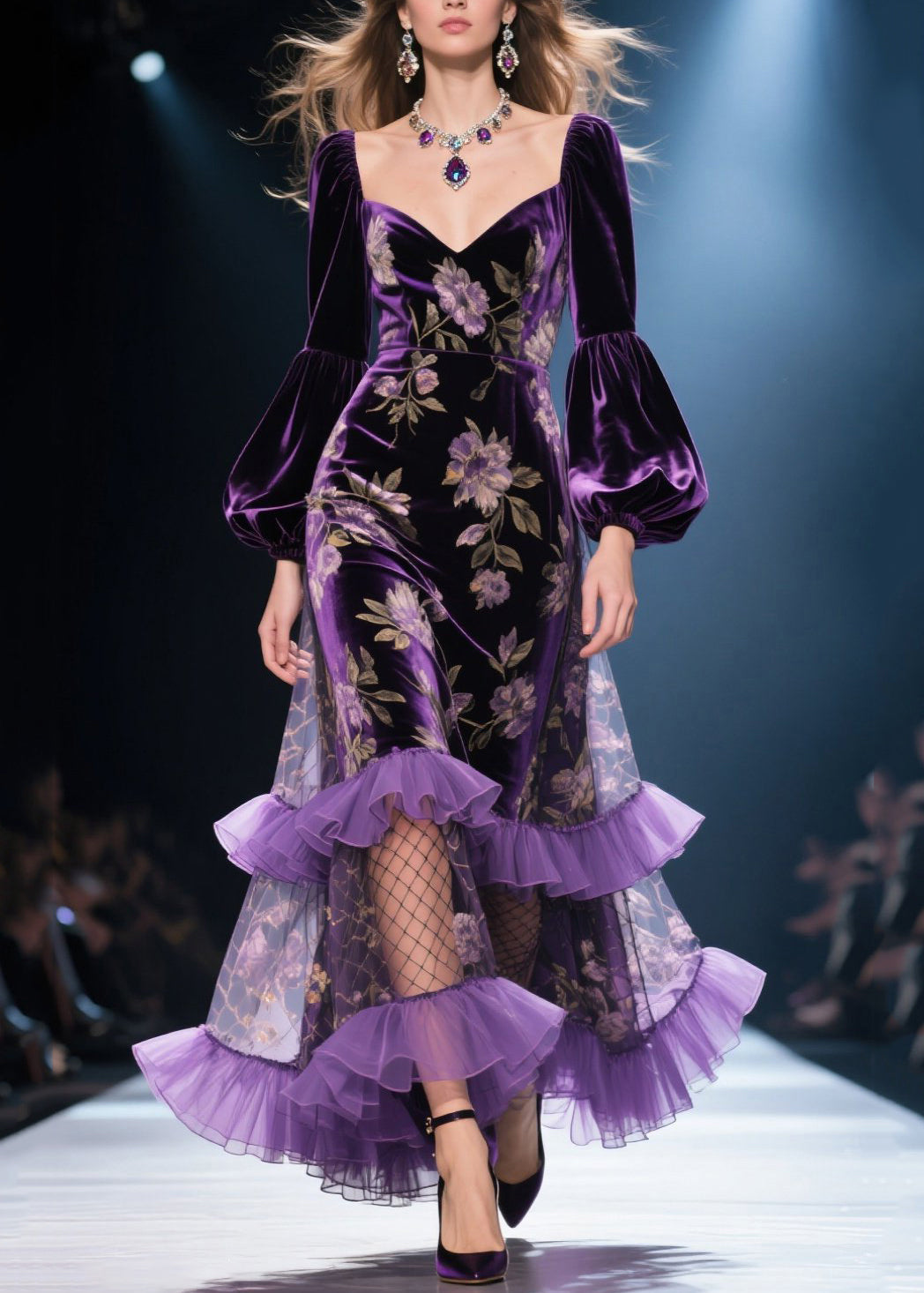 French Purple Ruffled Print Patchwork Velvet Dresses Fall - View 3