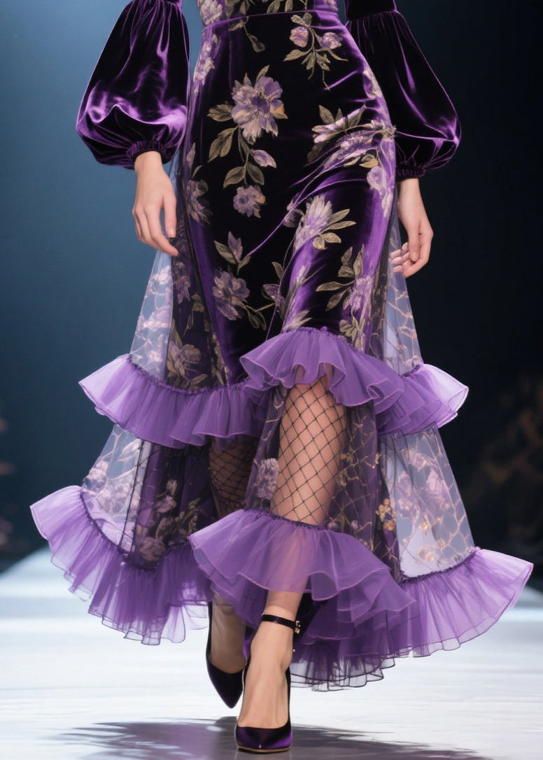 French Purple Ruffled Print Patchwork Velvet Dresses Fall - View 4