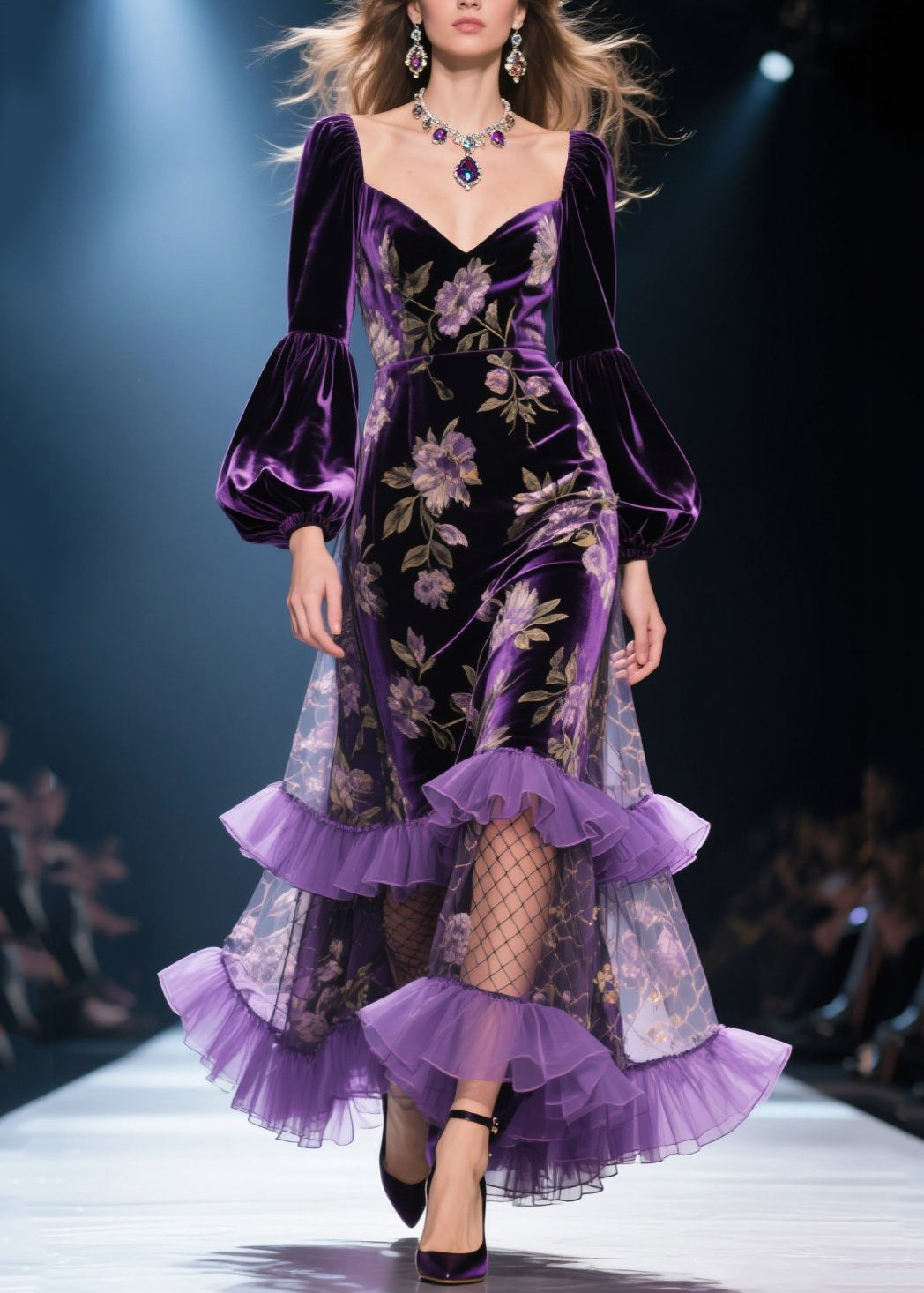 French Purple Ruffled Print Patchwork Velvet Dresses Fall - View 5