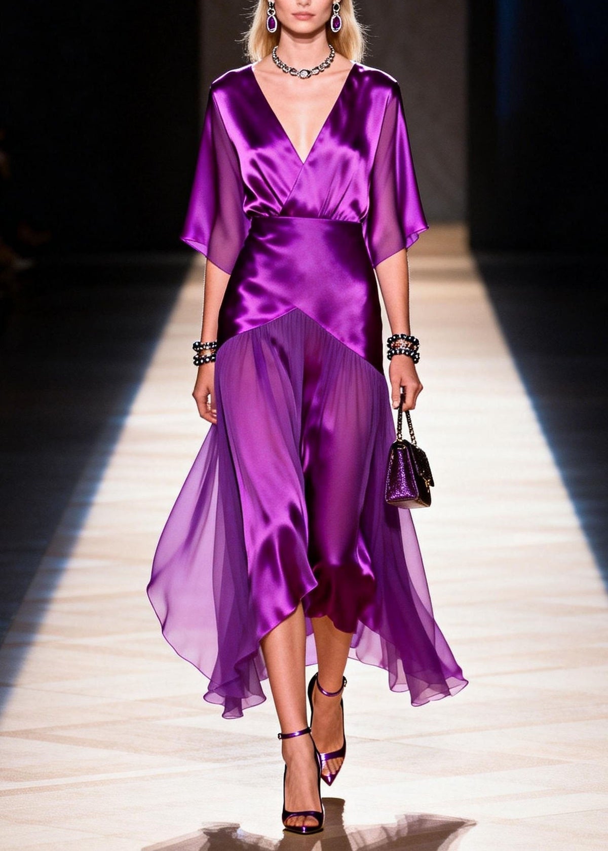 Satin Wrap Deep V-Neck Flutter Sleeve Handkerchief Hem Midi Dress - View 3