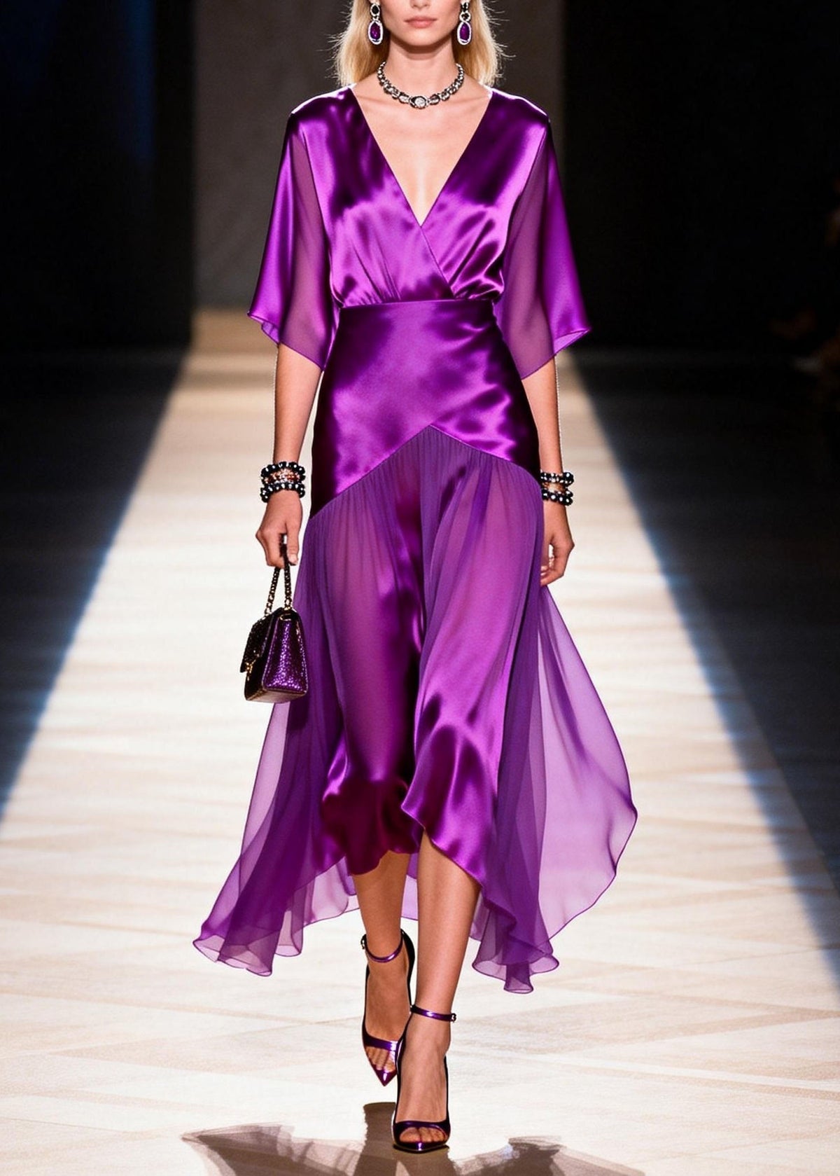 Satin Wrap Deep V-Neck Flutter Sleeve Handkerchief Hem Midi Dress - View 5