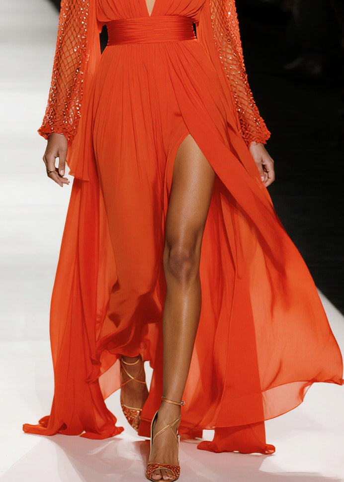 Sequin Mesh Bell Sleeve Deep V-Neck Ruched Waist High Split Maxi Gown - View 4