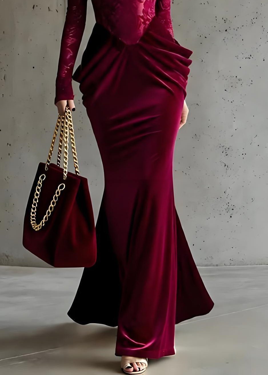 Velvet Lace Long Sleeve Sweetheart Neck Sculpted Hip Mermaid Gown - View 4