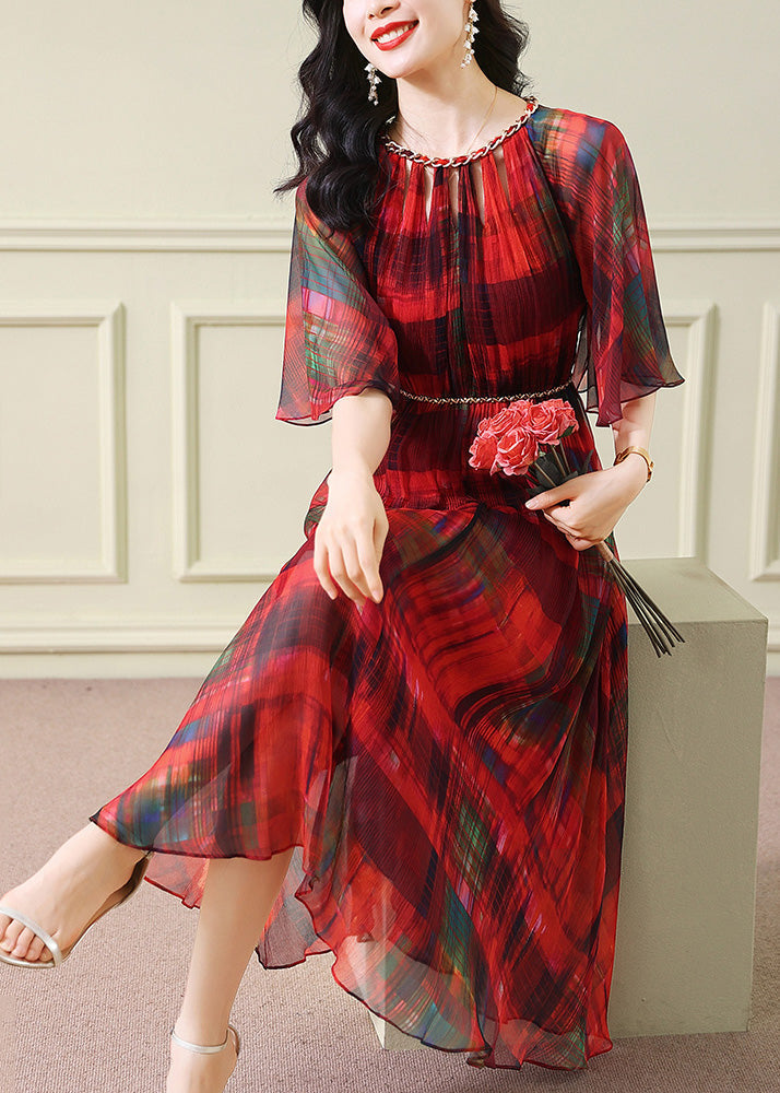 Pleated Chiffon Chain Trim Crew Neck Bell Sleeve Belted Midi Dress - View 3