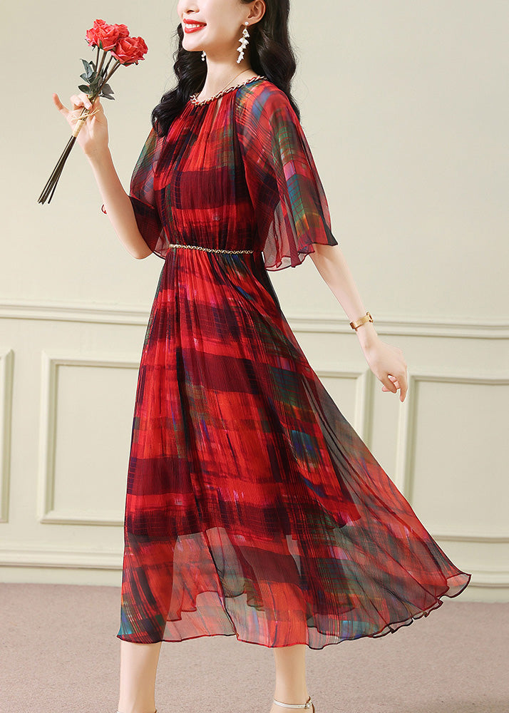 Pleated Chiffon Chain Trim Crew Neck Bell Sleeve Belted Midi Dress - View 4