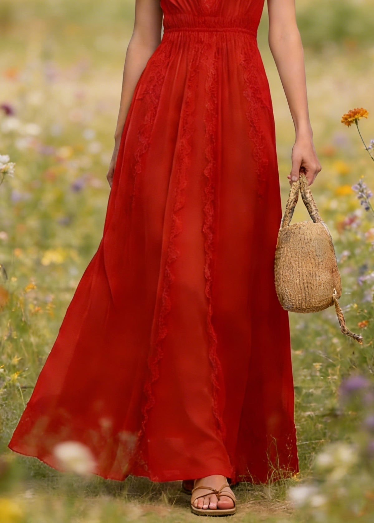 French Red V Neck Lace Patchwork Cotton Maxi Dress Summer - View 4