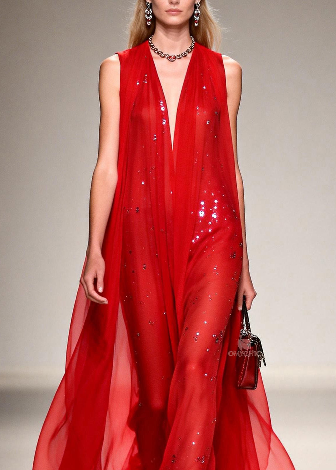 Sequin Deep V-Neck Sheer Cape Overlay Sleeveless Maxi Gown - View 2