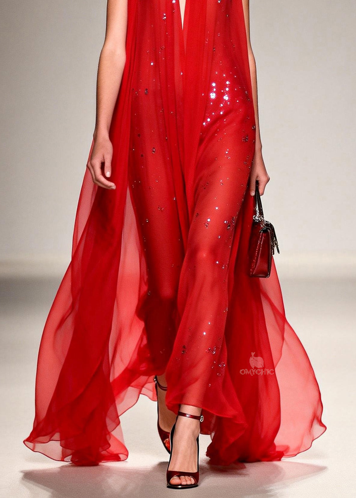 Sequin Deep V-Neck Sheer Cape Overlay Sleeveless Maxi Gown - View 4