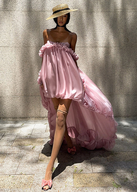 French Rose Ruffled Low High Design Chiffon Strapless Dresses Summer - View 2
