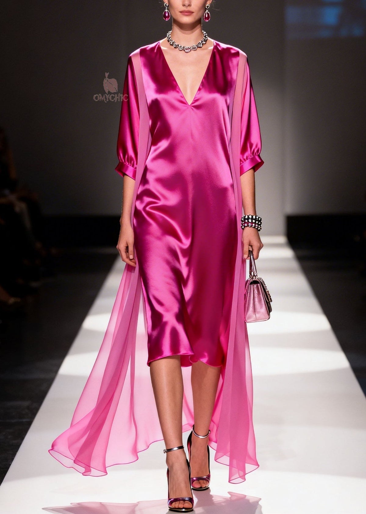 Satin Deep V-Neck Puff Sleeve Midi Sheer Floor Length Cape Set - View 3